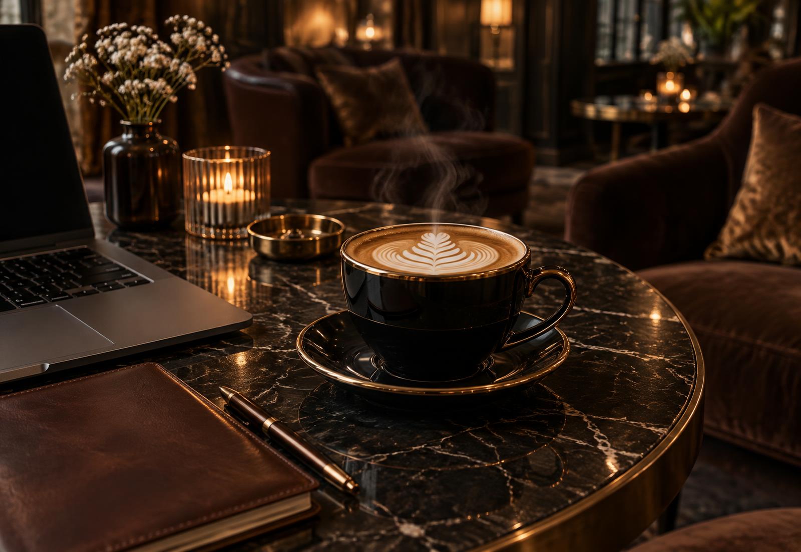 Tasse de café sur une table de marbre dans un salon chaleureux